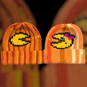 Mr. & Mrs. PAC-MAN Couple's , Knit-look 90s beanie, Handmade By Me, Hand Embroid